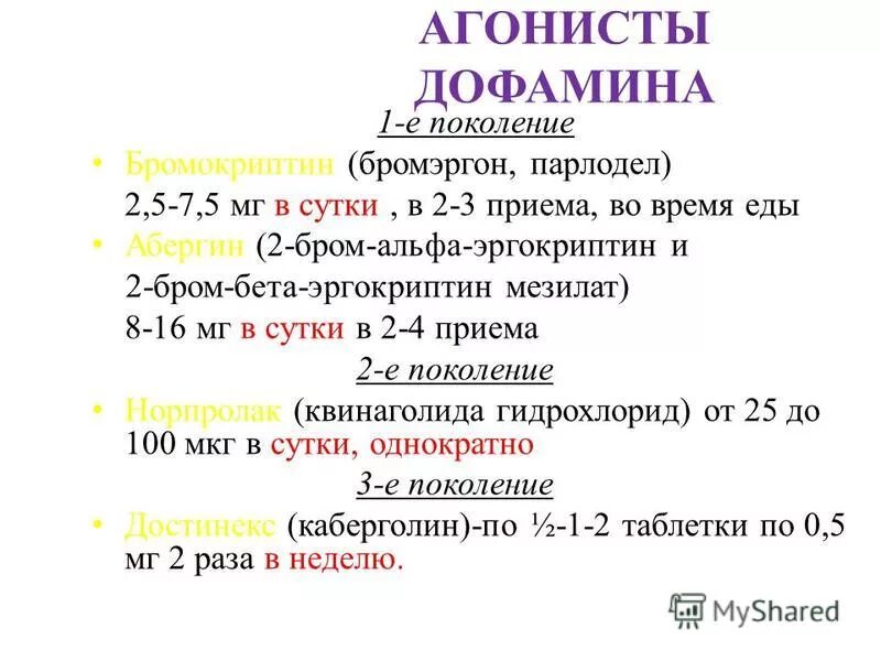 Препараты агонисты дофаминовых. Препараты агонисты дофаминовых
