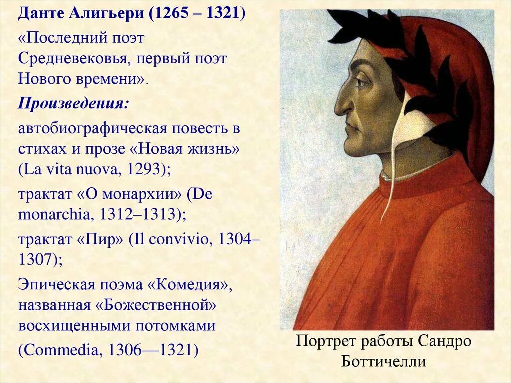 Жизнь данте алигьери. Данте Алигьери (1265-1321). Произведение прославившее Данте Алигьери. Творчество Данте Алигьери (1265–1321. Данте Алигьери портрет Боттичелли.