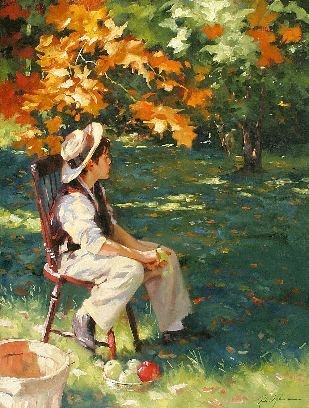 Картина сад осенью. Rosanne Pomerleau. Осенний пейзаж с людьми. Осенний сюжет. Пейзаж с фигурой человека.
