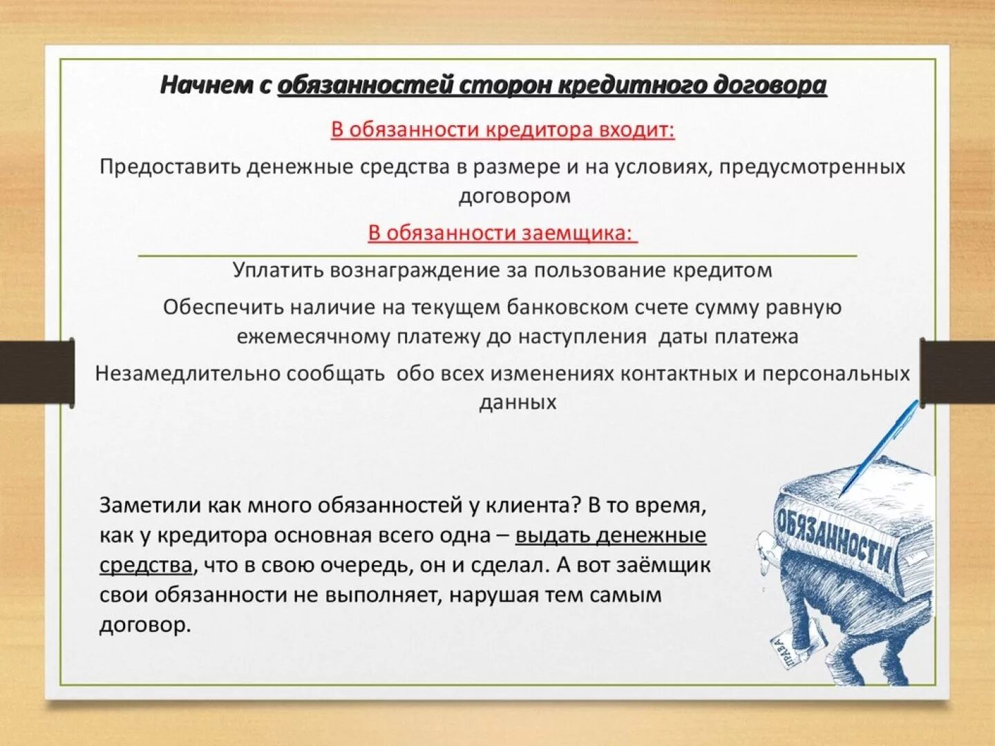 Ответственность сторон кредитного договора. Кредитный договор обязанности. Обязанности договора кредитного договора. Кредитный договор обязательства. Обязательство и обязанность в договоре