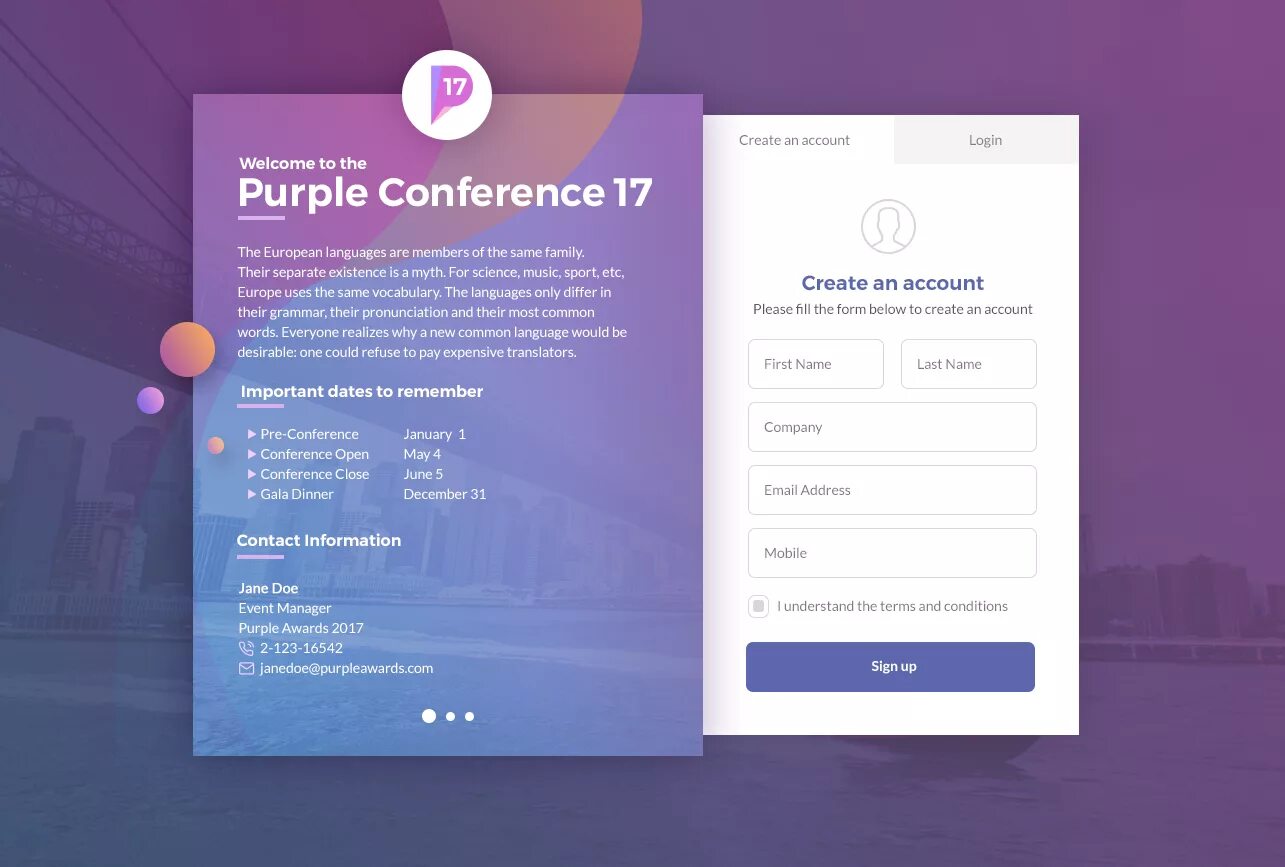 Purple conf. Signup form. Sign up form.