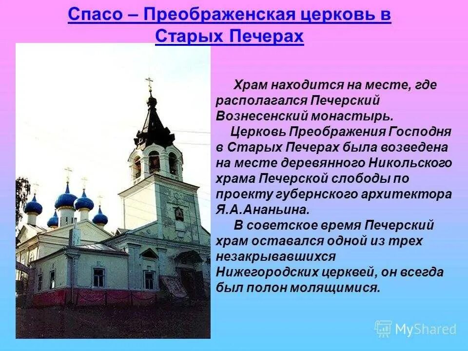 Где находится дом преображенского. Храмы Нижнего Новгорода храм Никольский. Спасо-Преображенская Церковь Нижний Новгород. Храм Преображения Господня Нижний Новгород Слобода Печеры. Церкви Нижнего Новгорода презентация.