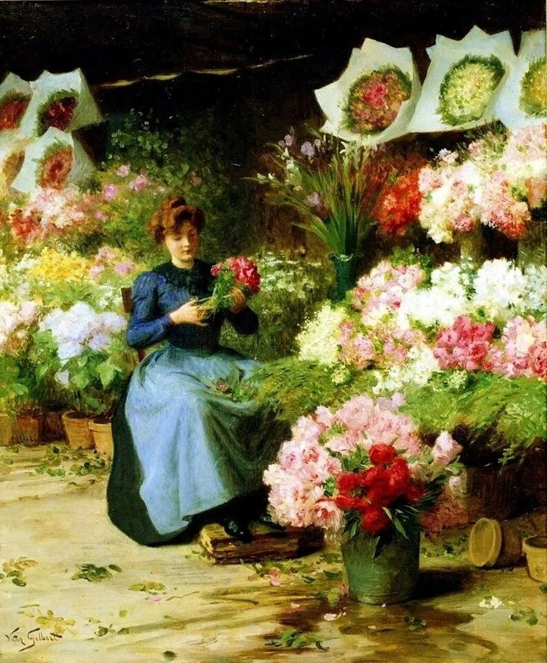 Сидит перед цветами. Victor-Gabriel Gilbert (French, 1847-1933).