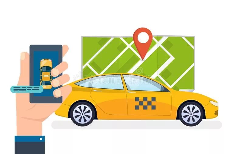 Taxi ordering. Order a Taxi. Commercial website for ordering a Taxi service. Taxi order app Clipart. Такси приложение в векторе человек с телефоном.