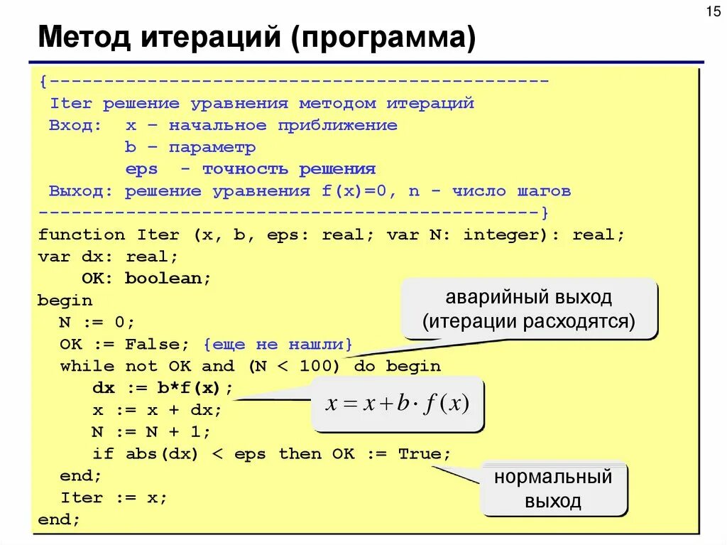 Программа решающая. Решение уравнений методом итераций алгоритм. Метод последовательного приближения Паскаль. Метод итерации Паскаль алгоритм. Уравнения методом итераций Паскаль.