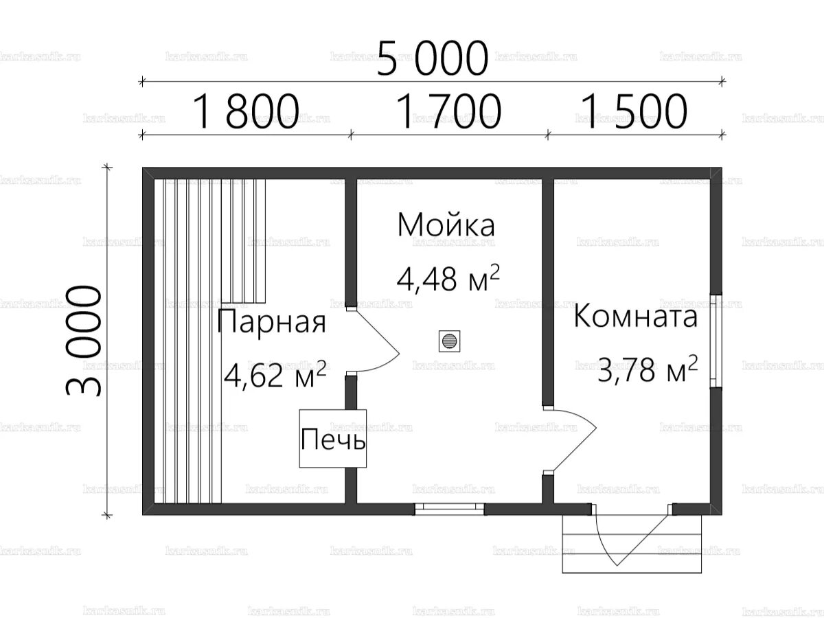 Одноэтажная баня 3 на 5. Крыльцо 2х3 со стороны крыши проект № 011-3x5