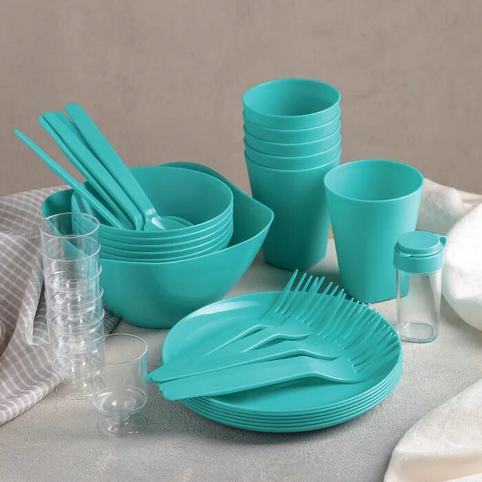 Набор для пикника Picniс, 39 предметов, цвет бирюза Berossi. Пластиковая посуда. Посуда одноразовая пластиковая. Набор пластиковой посуды. Одноразовая посуда недорого