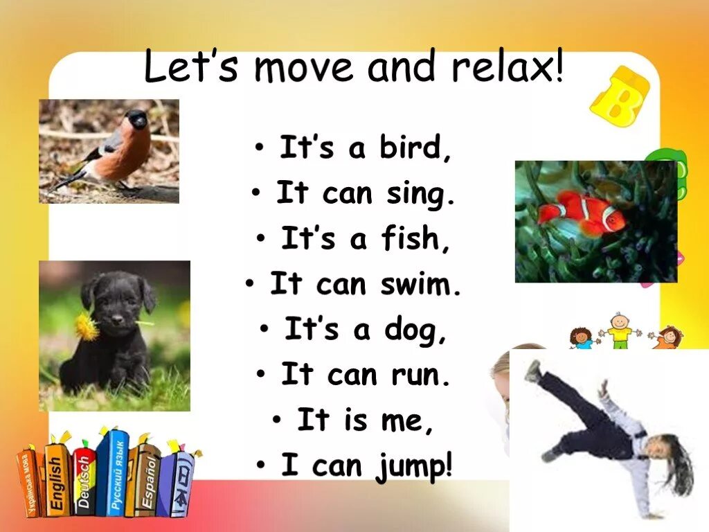 Lets английский. Упражнение Bird can Sing Fish can Swim. Let's move. A Dog can Run. I fish can jump