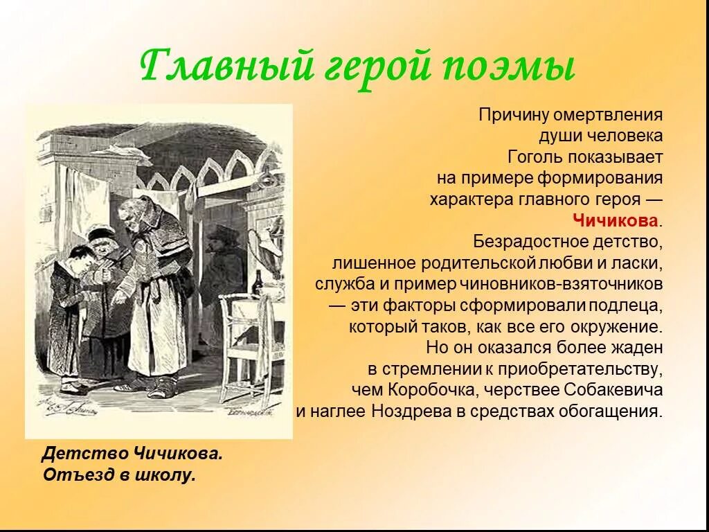 Какой совет дал отец чичикову. Главный герой поэмы. Детство Чичикова мертвые души. Детство Чичикова в поэме мертвые души. Гоголь детство Чичикова.