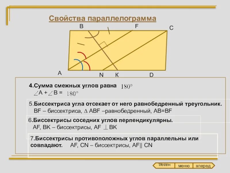 Биссектрисы смежных углов параллельны. Биссектрисы соседних углов параллелограмма перпендикулярны. биссектрисы смежных углов параллелограмма перпендикулярны. биссектрисы соседних углов перпендикулярны. свойство смежных углов параллелограмма.