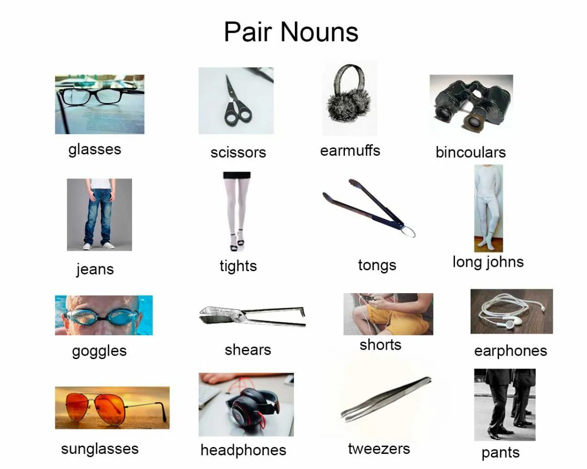Noun одежда. Pair nouns. jeans plural or singular. pair of jeans is или are. scissors is или are.