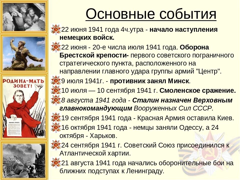 Даты и события войны. Основные события Великой Отечественной войны 22.06.1941. 22 Июня 1941 года событие. Основные события 1941. Основные события Великой Отечественной войны.