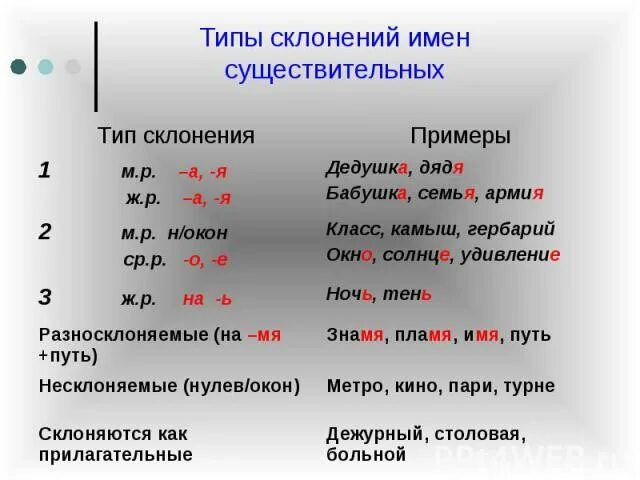 Для чего нужны склонения существительных. Имя существительное склонение типы склонения. Типы склонения имен существительных. Типы склонениний имен существительных. Тип склонения существительных.