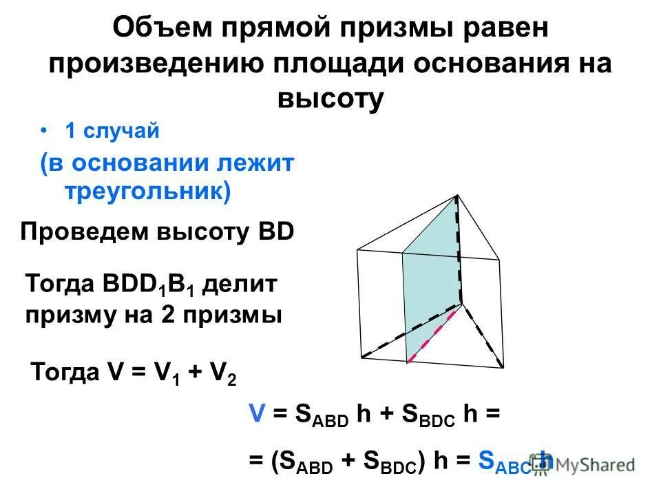 Объем прямой призмы равен произведению