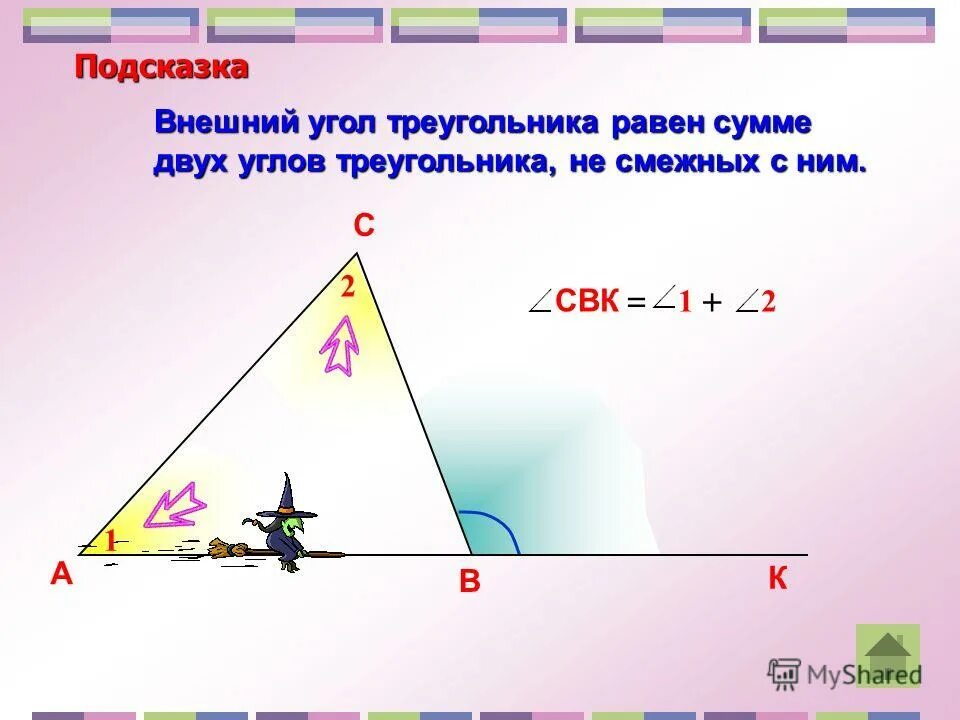 Один из углов треугольника всегда. Внешний угол треугольника равен. Внешне угол треугольника равен. Сумма двух углов треугольника равна внешнему. Внешний угол треугольника равен сумме двух углов не смежных с ним.
