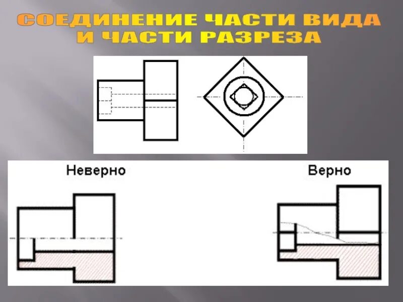 На рисунке представлен разрез. Соединение половины вида и половины разреза задания. половина вида и половина разреза несимметричной детали. разрез совмещенный с главным видом. разрез по осевой линии.
