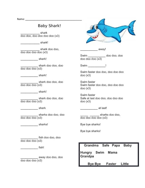 Акуленок песня на английском. Baby Shark текст. Текст песни Baby Shark. Baby Shark Worksheets. Baby Shark Song текст.