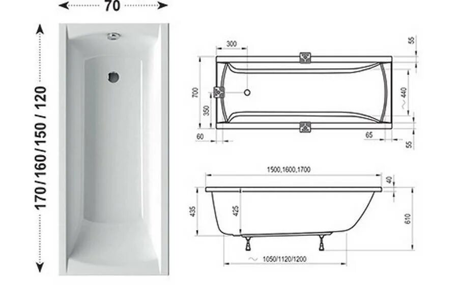 Ванна сколько размер. Акриловая ванна Eurolux Афина 150x70. Ванна акриловая 170х70 высота. Габариты ванны 1700 акрил.