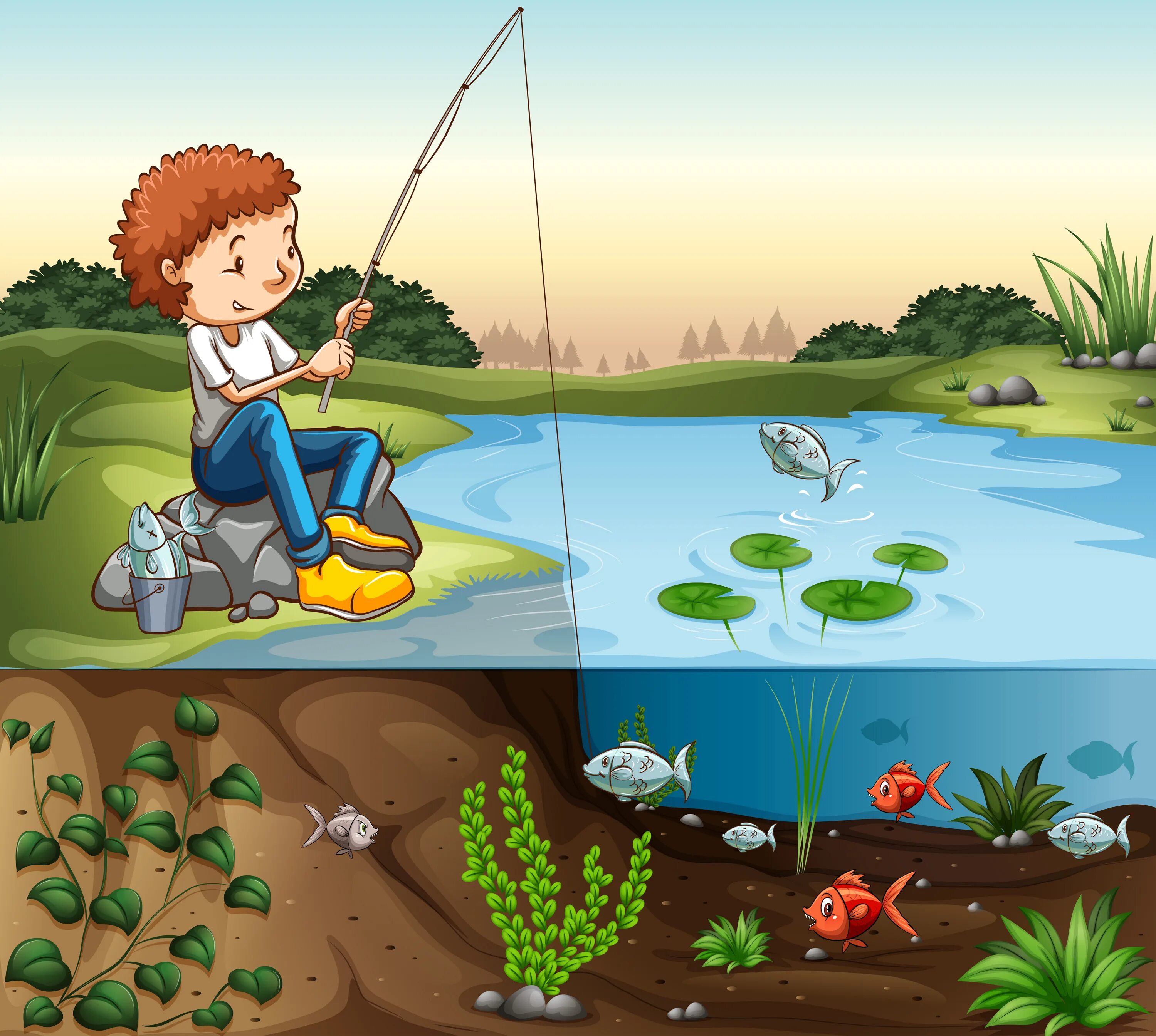 Мальчик ловил рыбу на реке. Рыбалка рисунок. Сюжетная картина на рыбалке. Рыбалка детская иллюстрация. Картина дети на рыбалке.
