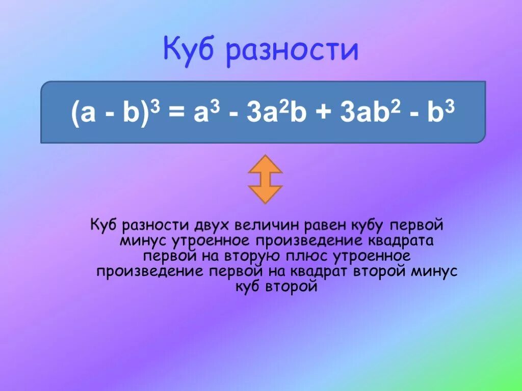 Чему равно произведение a и b. Формулы Куба суммы и Куба разности. Формула Куба суммы двух чисел. Куб суммы куб разности разность кубов сумма кубов. Разница кубов двух чисел формула.