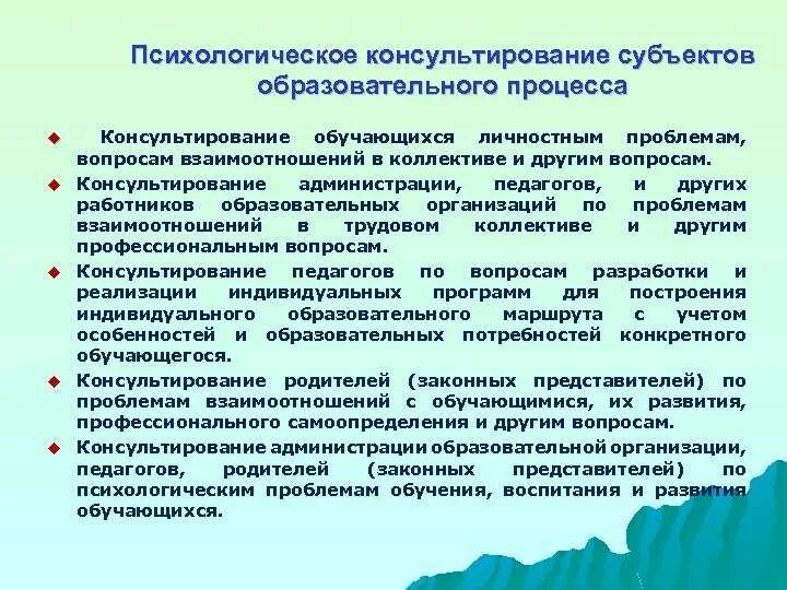 Организация консультирования родителей. Психологическое Просвещение субъектов образовательного процесса. Психолого-педагогическое Просвещение субъектов образования. Психологическое консультирование. Особенности психологического консультирования.