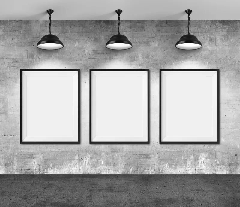 Blank picture. Пустая комната ретро. Белые длинные светильники на кирпичной стене фотошоп. Empty photo frame with Brick Wall.