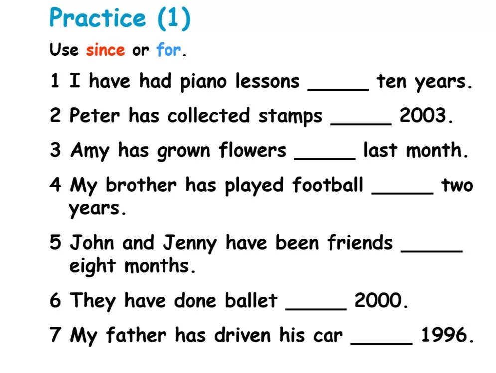 Перевести since. Present perfect since for упражнения. Задания на for since. Since упражнения. Упражнения на for в present perfect.