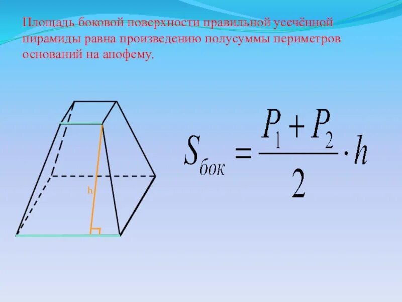 Калькулятор объема трапеции. Площадь боковой поверхности усеченной пирамиды формула. Правильная усеченная пирамида площадь боковой поверхности. Площадь усеченной пирамиды четырехугольной. Формула боковой поверхности усеченной пирамиды.