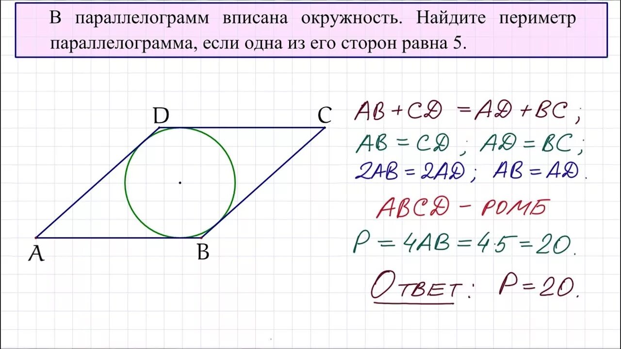 Задание огэ найти угол в окружности. Площадь вписанного параллелограмма. Параллелограмм описанныйй в окружность. В параллелограмм вписана окружность. В параллелограмме вписана окружно.