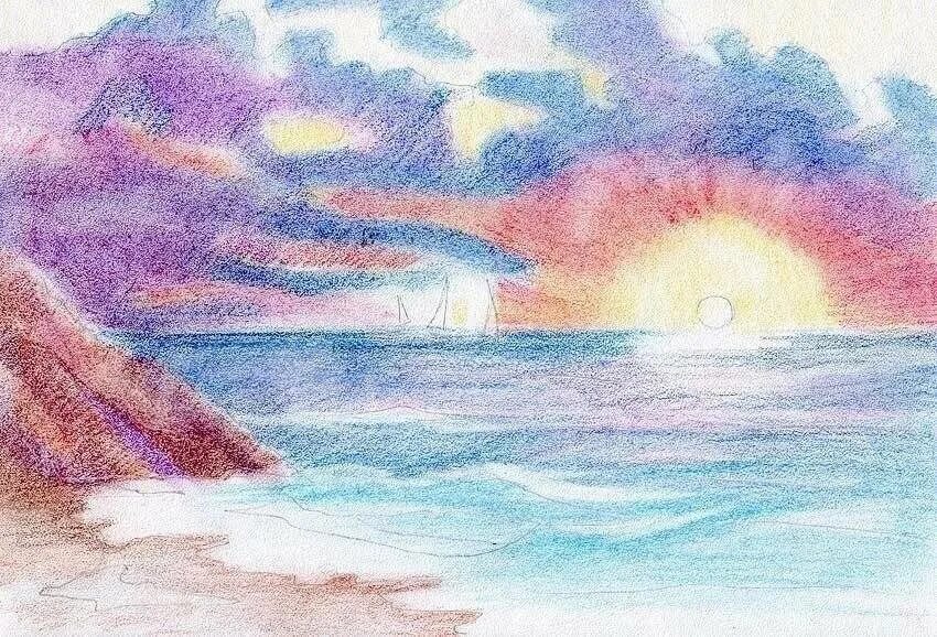 Морской пейзаж 6 класс. Пейзаж цветными карандашами. Море цветными карандашами. Морской пейзаж цветными карандашами. Пейзаж пастелью.