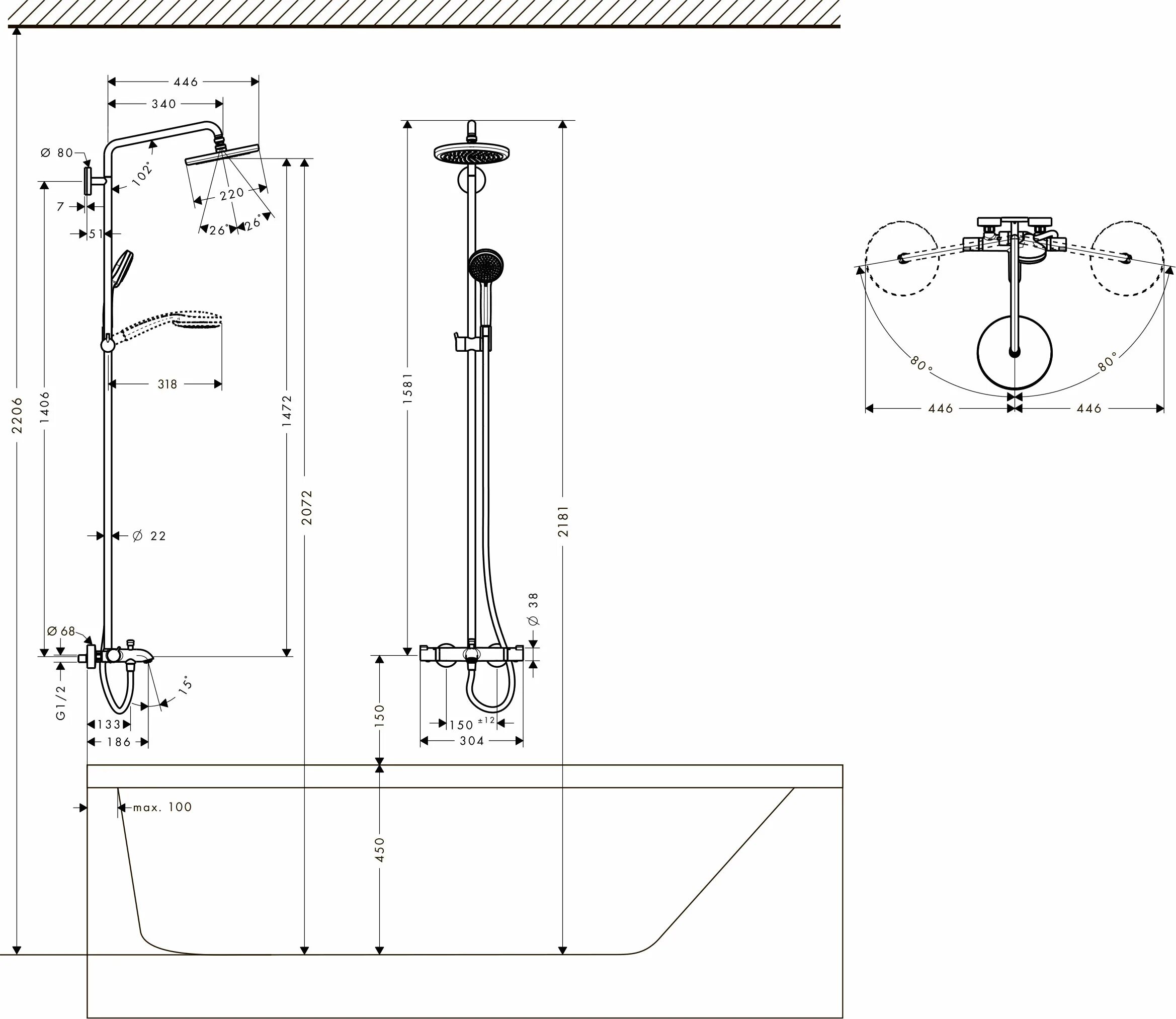 Размер смесителя для душа. Hansgrohe Croma 220 Showerpipe 27223000. Душевая стойка Hansgrohe Croma 220 Showerpipe 27223000 хром. Croma Showerpipe 220. Hansgrohe Croma 220 Showerpipe.