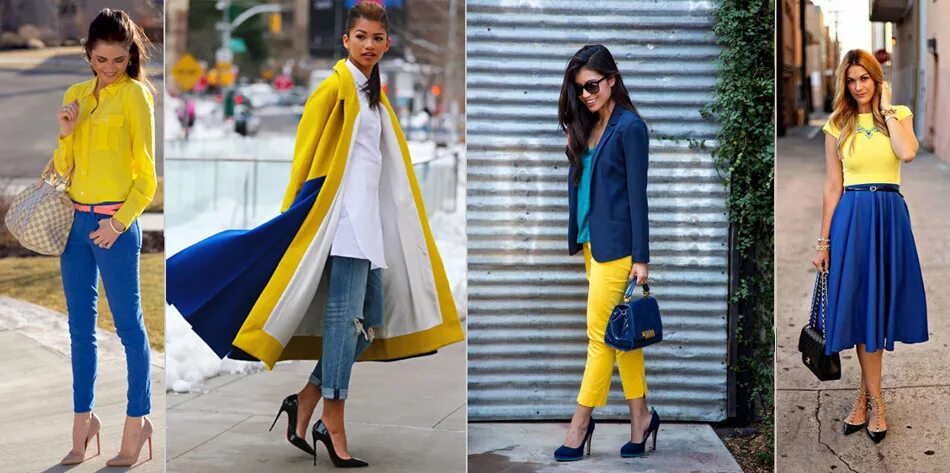 Сочетается голубой с желтым. Сочетание цветов голубой и желтый в одежде. Сочетается голубой с желтым. Желтый с голубым в одежде. Синий с желтым в одежде.