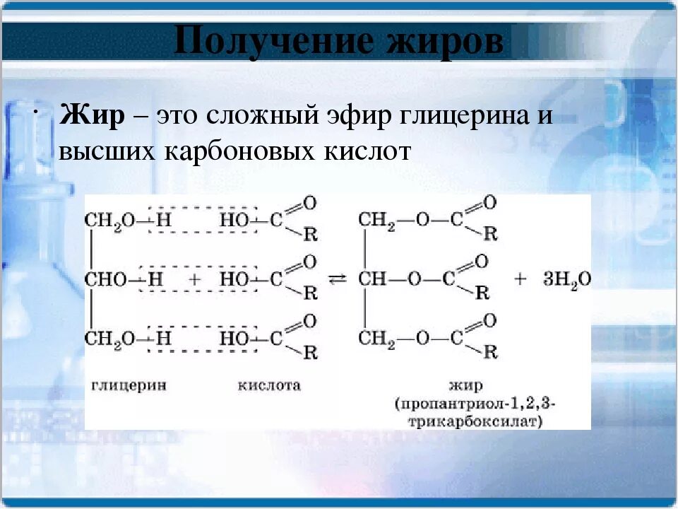 Гидролизу подвергается глицерин. Получение жиров из глицерина и карбоновых кислот. Получение жиров реакцией этерификации. Реакция получения жиров. Способы получения жиров реакция этерификации.