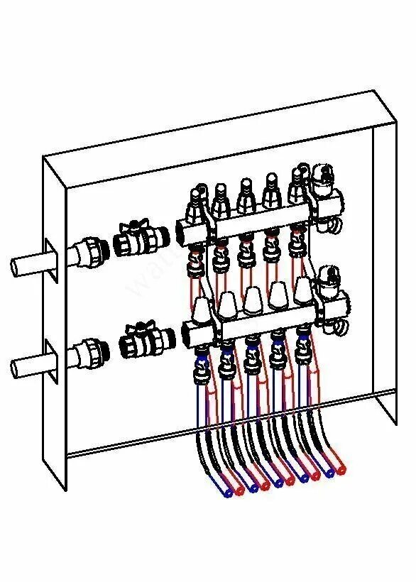 Коллектор плюс. Шкаф коллекторный встраиваемый Danfoss. Коллекторный блок схема подключения. Коллекторный узел для теплого пола Danfoss w5118. Схема установки коллектора теплого пола.