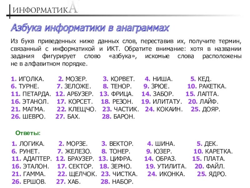 Вторая а третья м пятая а. Информатика слово. Слова связанные с информатикой. Анаграммы задания. Анаграмма примеры с ответами.