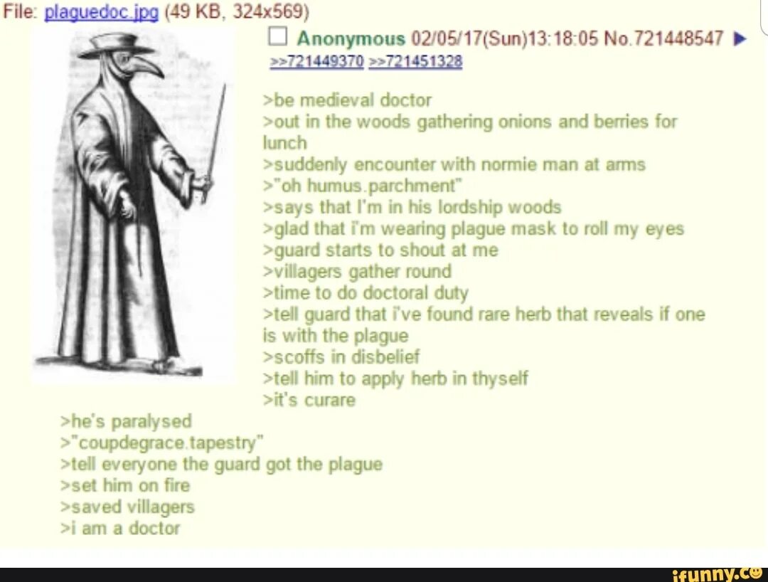 Medieval Doctor. Medieval greentext. The Plague Doctor is a pregnant girl. Cure meme Doctors.