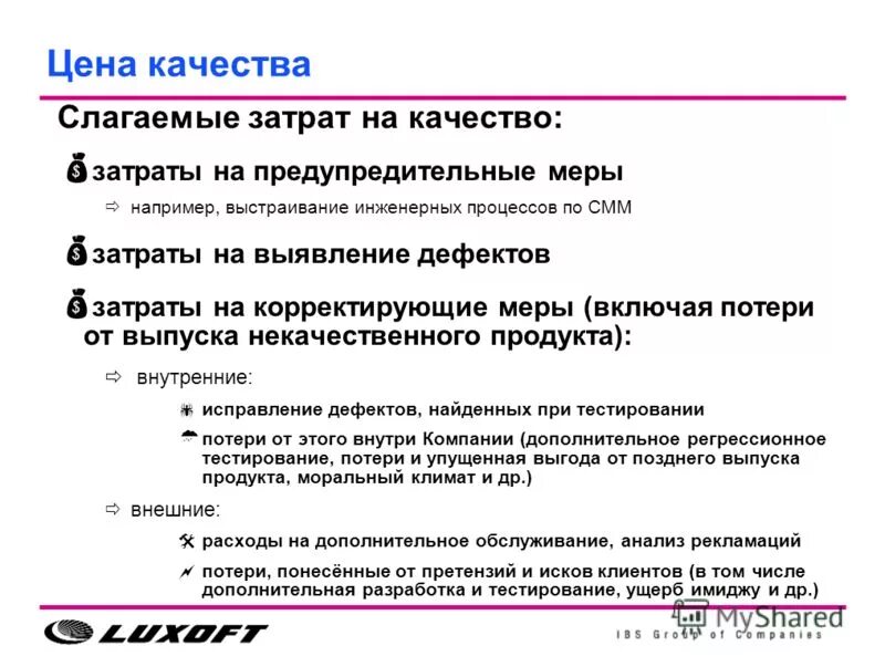 Тест на тему ответственность. Затраты на качество презентация. Внешние затраты на дефект.