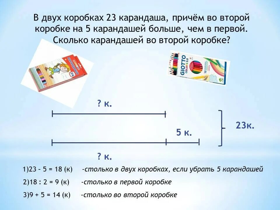 Несколько коробок карандашей. Решение задачи в пяти коробках. В двух коробках с карандашей. Карандаши в коробке задача.