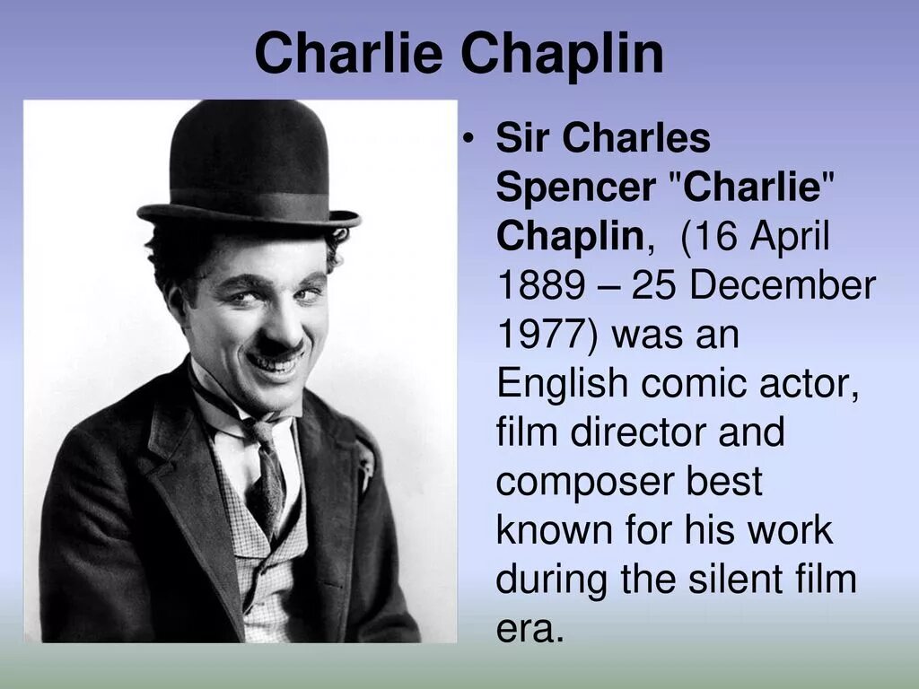 Опишите любого известного. Чарли Chaplin. Чарли Чаплин биография.
