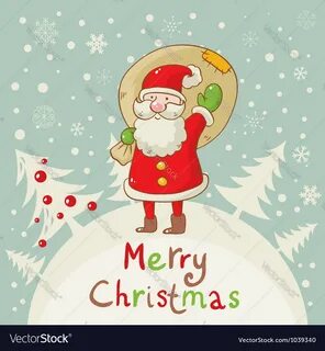 Merry Christmas greeting card with cute Santa and a sack of presents on for...
