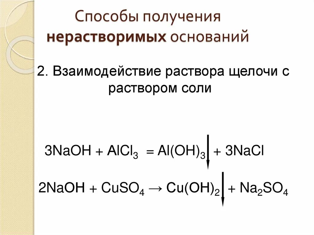 Получение нерастворимых оснований. Способы получения оснований. Способы получения растворимых и нерастворимых оснований. Реакции получения оснований. Как из гидроксида получить нерастворимые основания