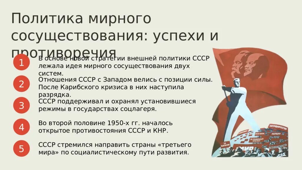 Мирно итог. Политика мирного сосуществования СССР. Политика мирного сосуществования успехи и противоречия. Политика мирного сосуществования в 1950-х первой половине 1960-х. Противоречия политики мирного сосуществования.