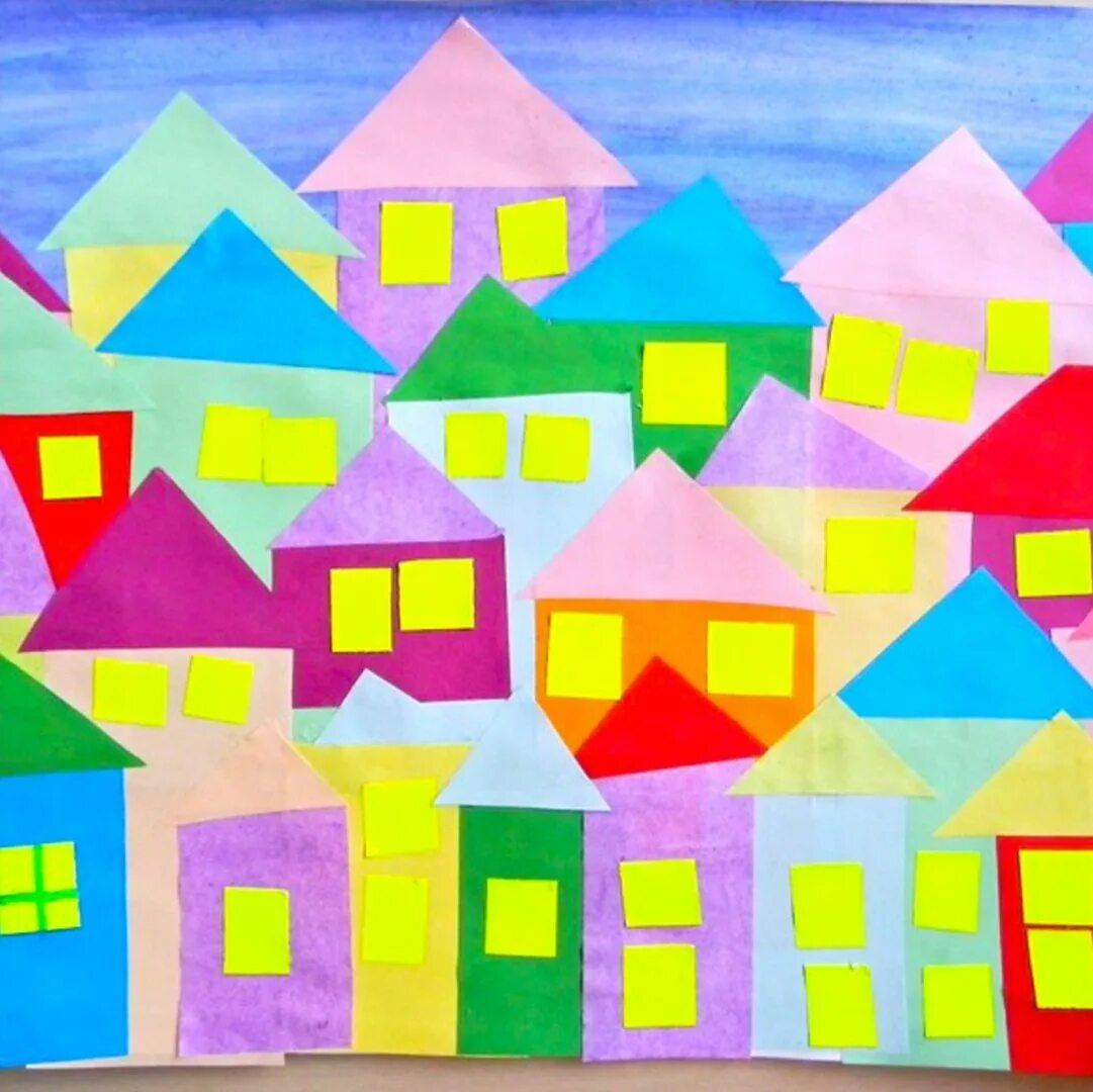 Аппликация дом. Аппликация на тему город. Аппликация домик. Разноцветные домики.