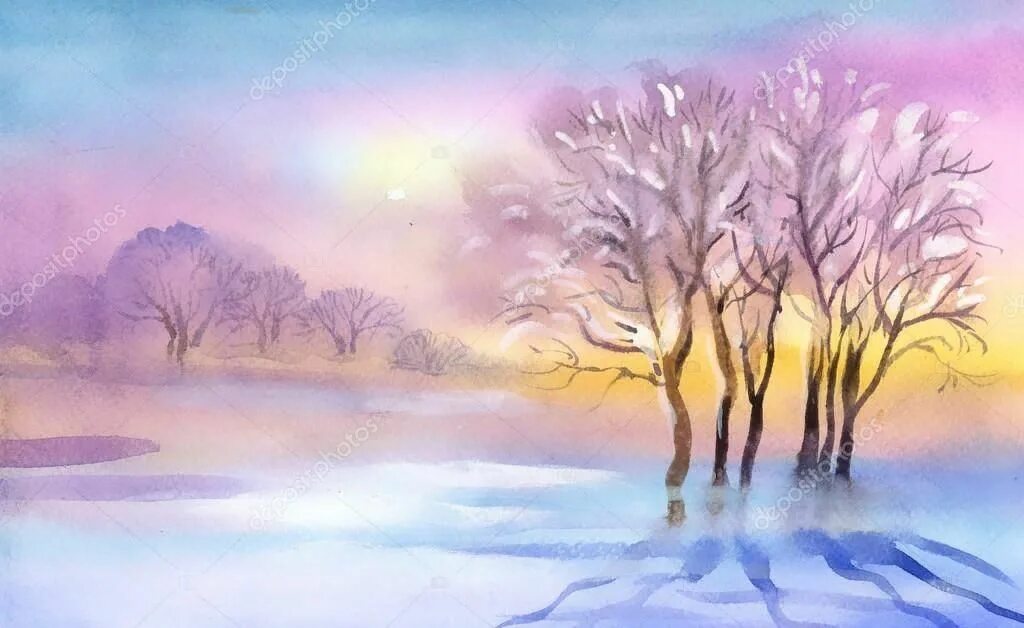 Рисунок в холодных цветах. Пейзаж в холодных тонах. зимний пейзаж акварелью для начинающих. зимний пейзаж гуашью. пейзаж в холодной гамме.