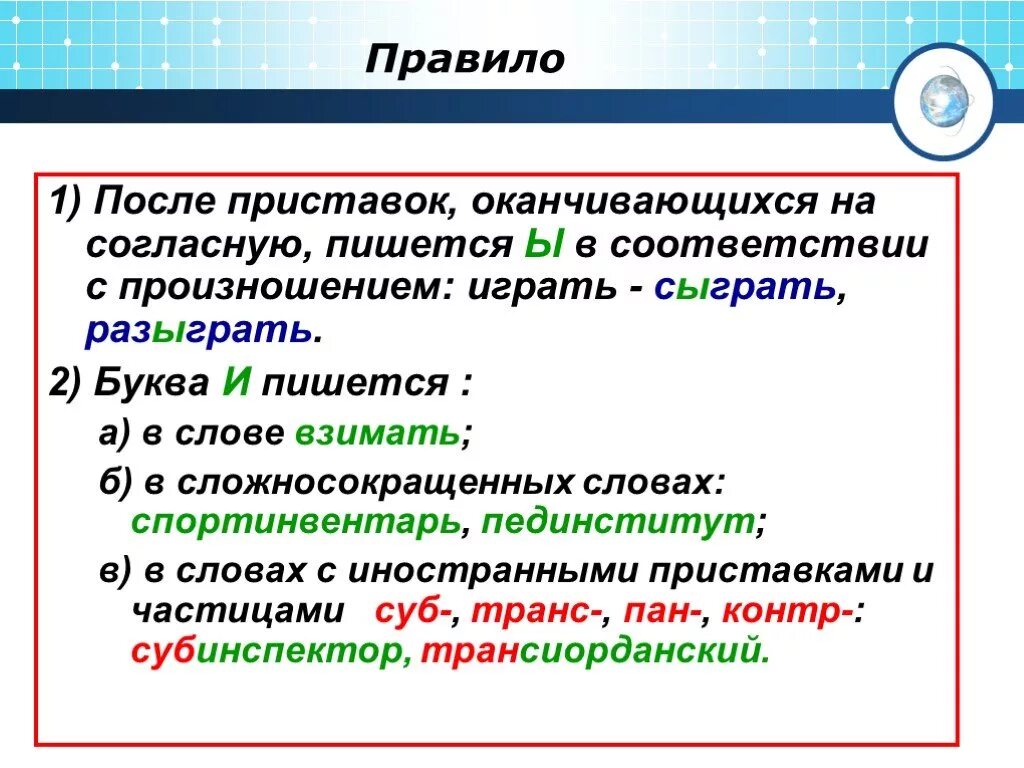 И-Ы после приставок на согласный. Буквы ы и после приставок на согласную. Приставки и ы после приставок правило. Правописание и-ы после приставок на согласную.