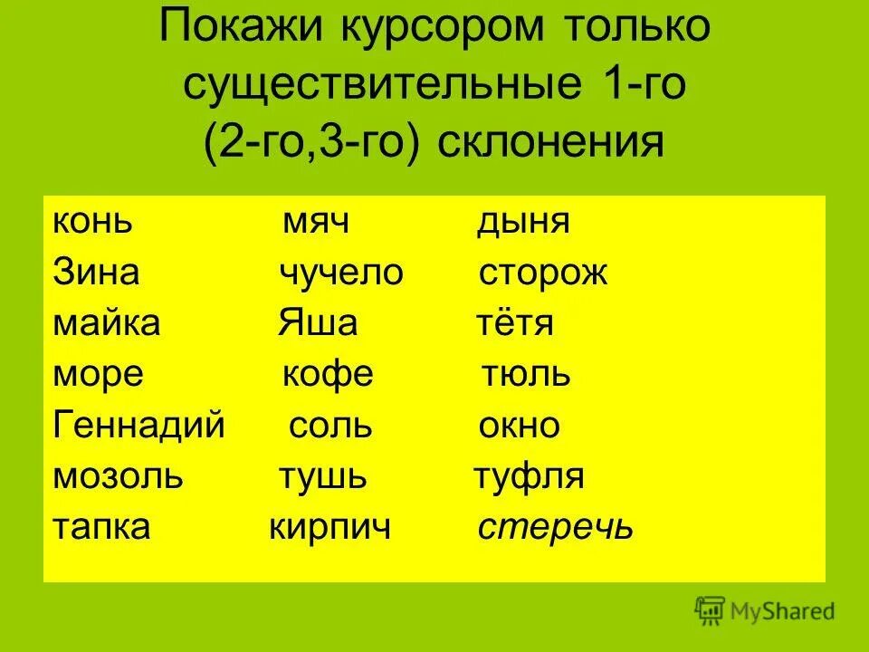 Любые 5 существительных. 10 Слов первого склонения. Слова 2 го склонения существительных. Существительное 3-го склонения. Существительные 3-го склонения.