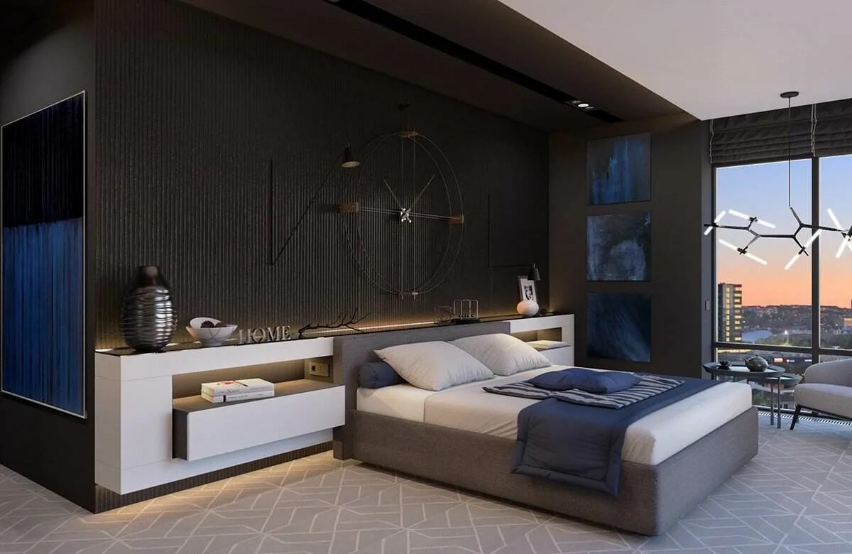 Modern bedroom. Стильная спальня. Стильная комната. Дизайнерская спальня. Современный интерьер спальни.