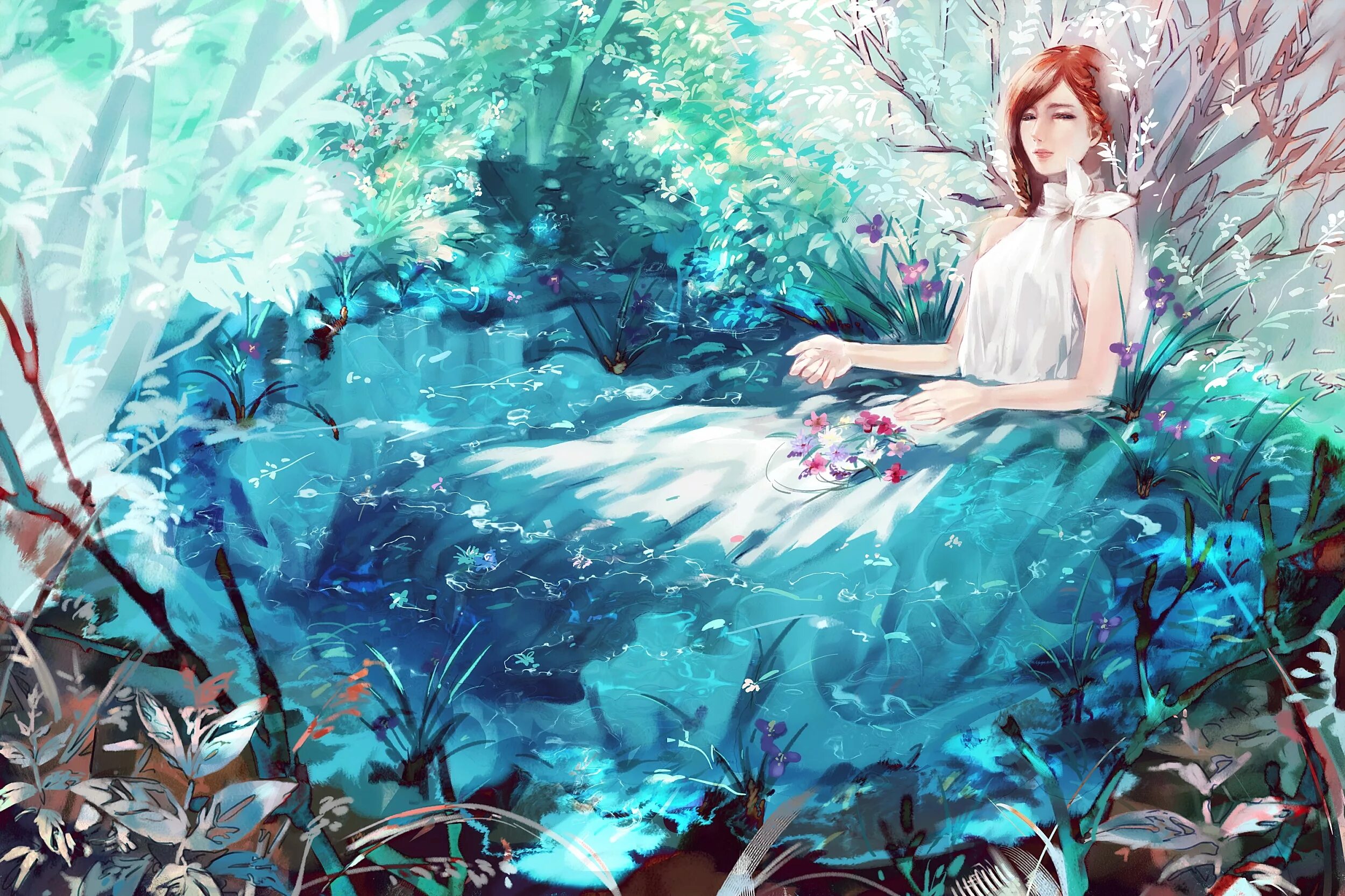 прудик для нимфеи ландшафтном. девушка в воде арт. китайская живопись лотосовое озеро. жизель ненюфары. аниме арт девушка.
