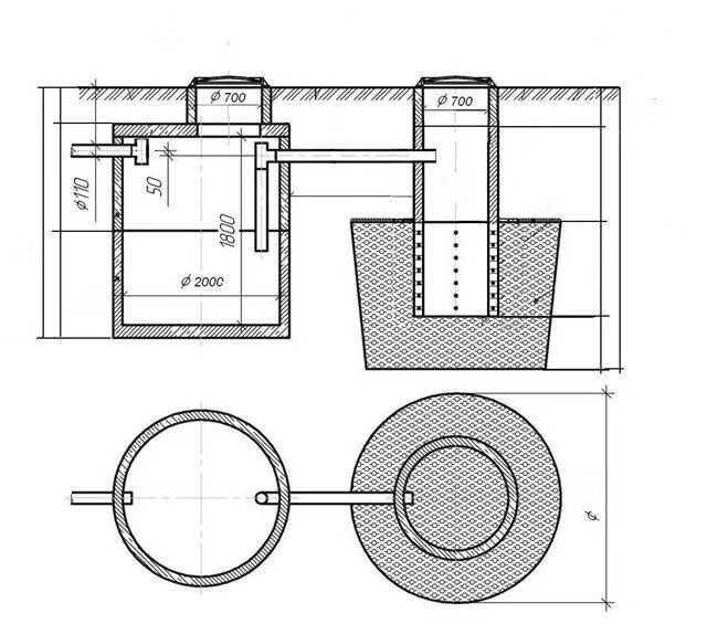 Септик из бетонных колец 2х2. Колодец герметичный н-2000 под бетонирование Евролос. Схема переливных колодцев канализации. Септик из бетонных колец схема 2 колодца. Устройство септика из бетонных колец