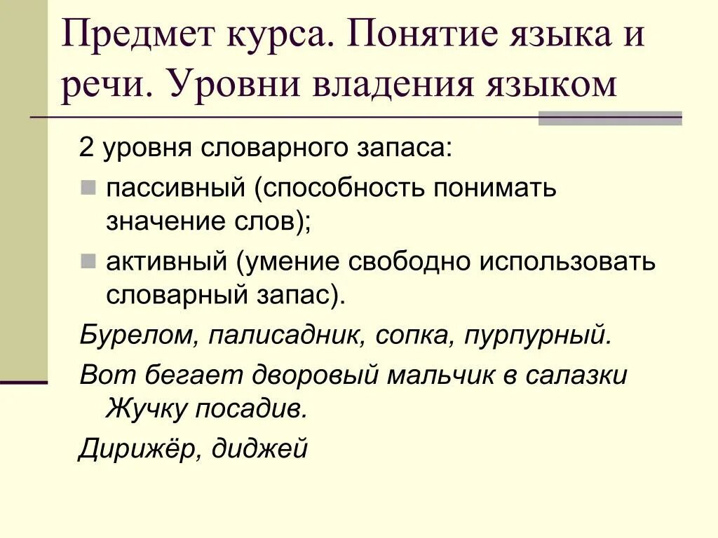 Курс предмет. Понимание языковых значений. Уровни словарного запаса русского языка. Предмет курса русский язык,. Уровни владения речи